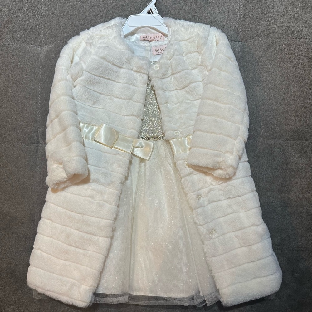 Biscotti Ivory Faux Fur Coat and Dress Ensemble